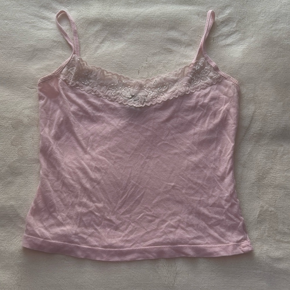FANG cropped baby pink lace tank top